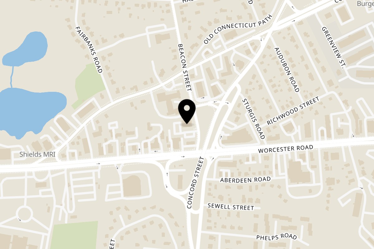 Map showing the location of Café Belô on 2 Beacon St in Framingham
